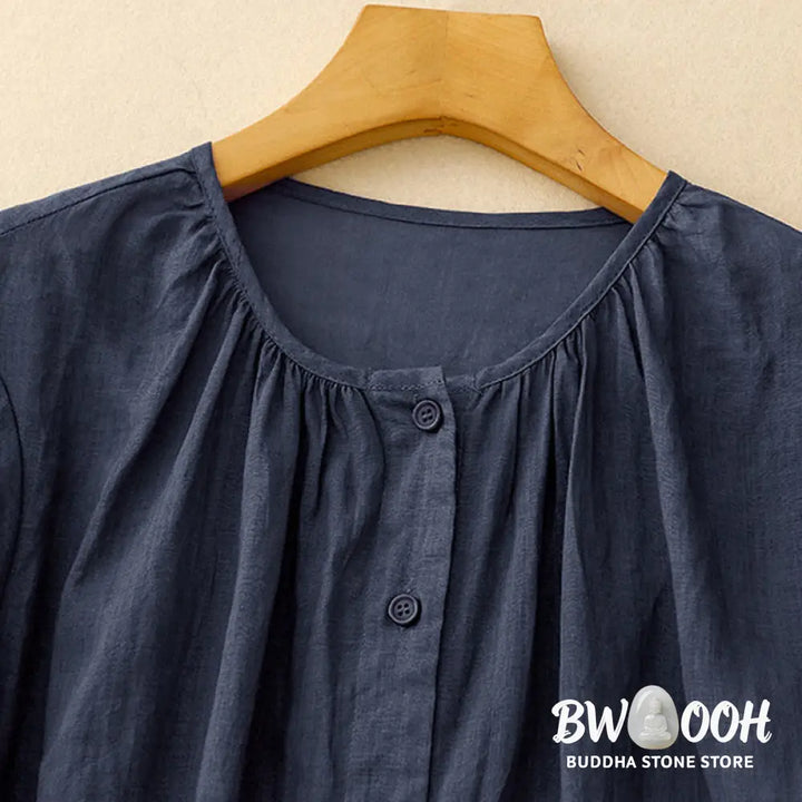 Buddha Stones Plain Button Crew Neck Design Women’s Blend Three Quarter Sleeve Shirt - Women’s Shirts