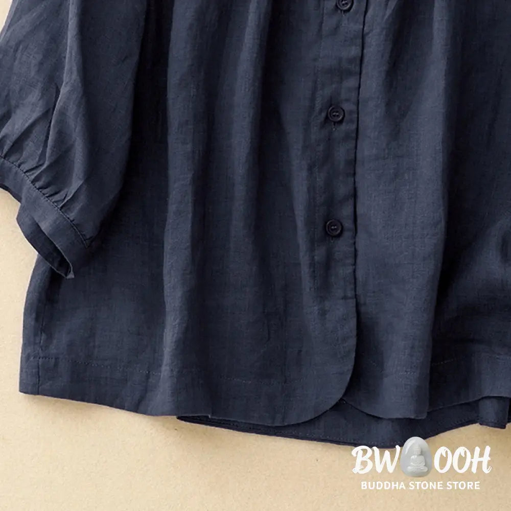 Buddha Stones Plain Button Crew Neck Design Women’s Blend Three Quarter Sleeve Shirt - Women’s Shirts
