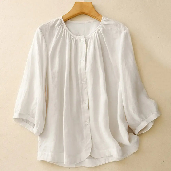 Buddha Stones Plain Button Crew Neck Design Women’s Blend Three Quarter Sleeve Shirt - Snow / US4，UK/AU8，EU36 (M)