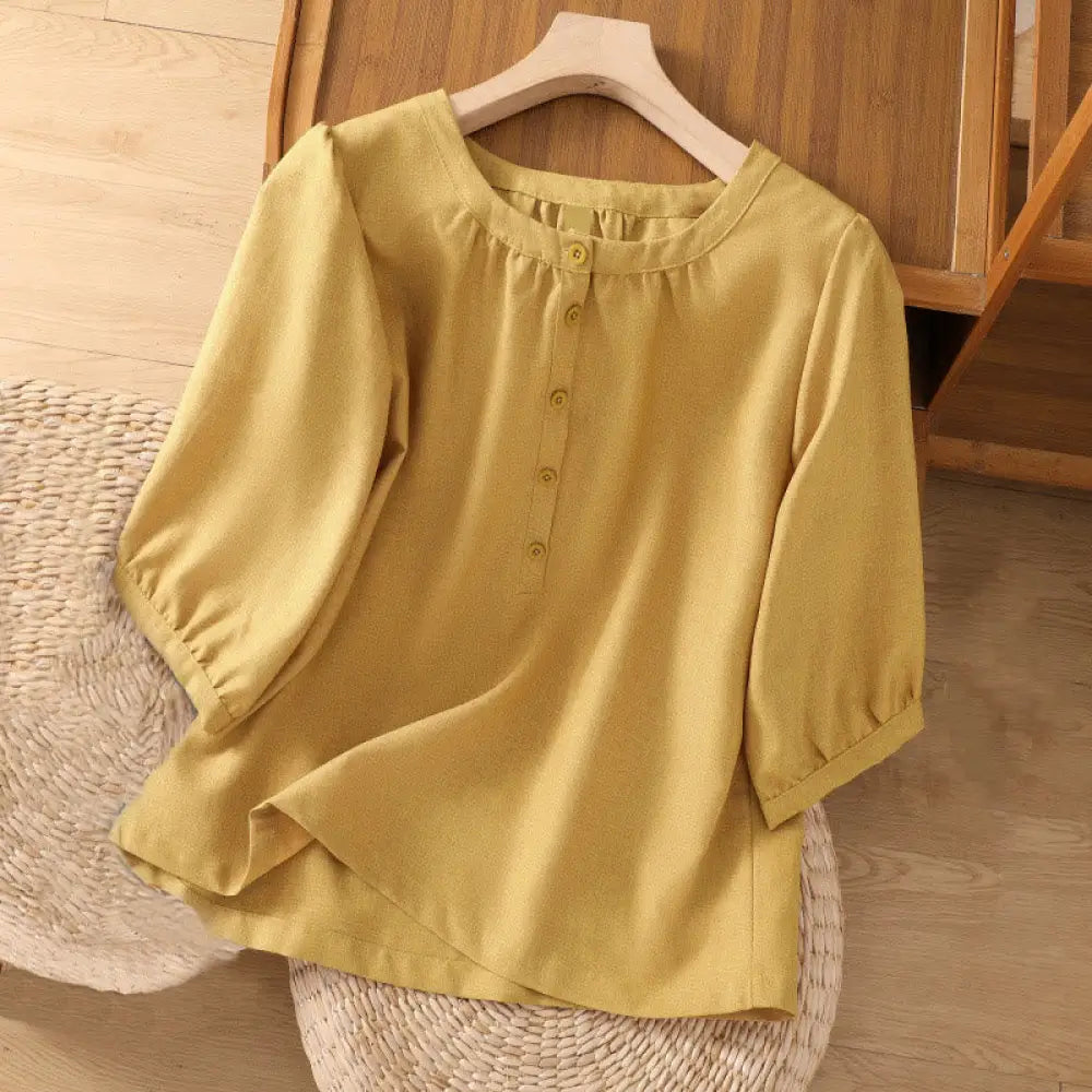 Buddha Stones Plain Button Crew Neck Design Women’s Cotton Linen Three Quarter Sleeve Shirt - Khaki / US6，UK/AU10，EU38