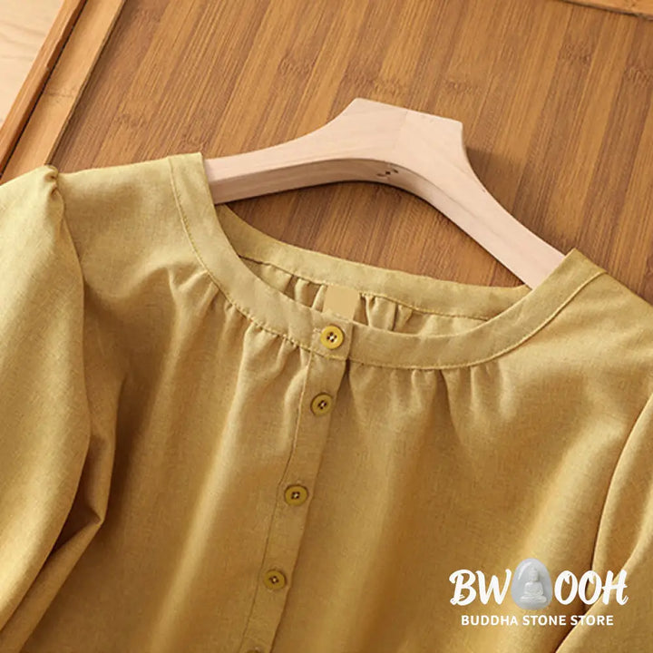 Buddha Stones Plain Button Crew Neck Design Women’s Cotton Linen Three Quarter Sleeve Shirt - Women’s Shirts