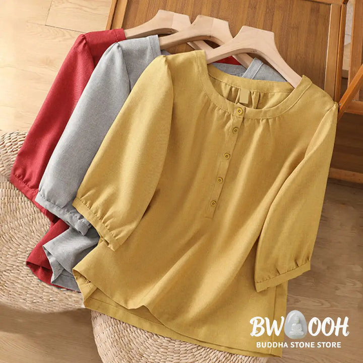 Buddha Stones Plain Button Crew Neck Design Women’s Cotton Linen Three Quarter Sleeve Shirt - Women’s Shirts