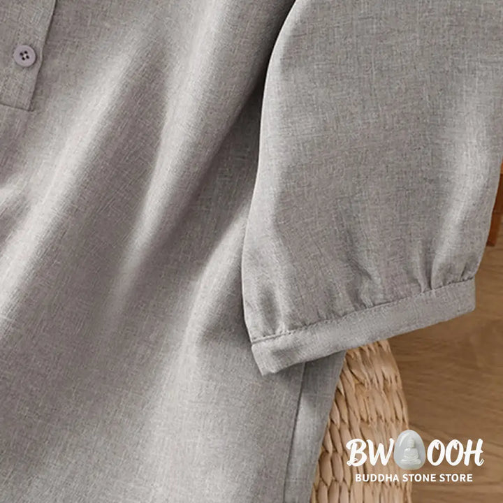 Buddha Stones Plain Button Crew Neck Design Women’s Cotton Linen Three Quarter Sleeve Shirt - Women’s Shirts