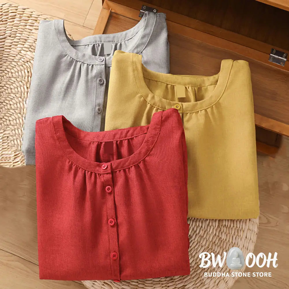 Buddha Stones Plain Button Crew Neck Design Women’s Cotton Linen Three Quarter Sleeve Shirt - Women’s Shirts