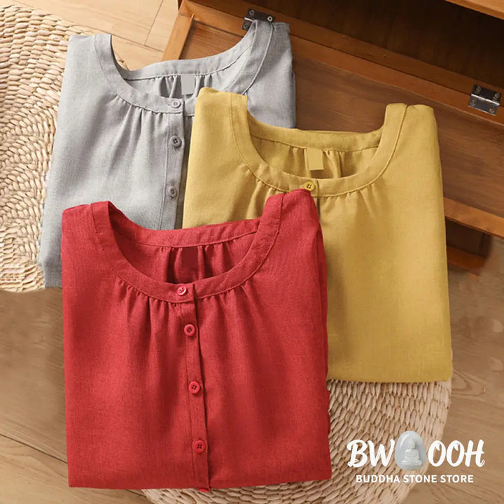 Buddha Stones Plain Button Crew Neck Design Women’s Cotton Linen Three Quarter Sleeve Shirt - Women’s Shirts