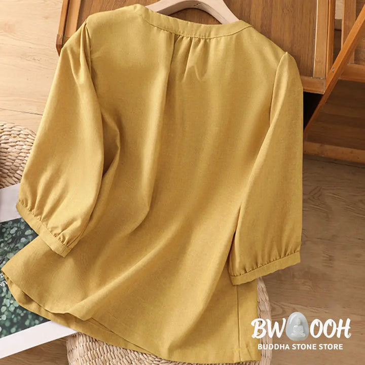 Buddha Stones Plain Button Crew Neck Design Women’s Cotton Linen Three Quarter Sleeve Shirt - Women’s Shirts
