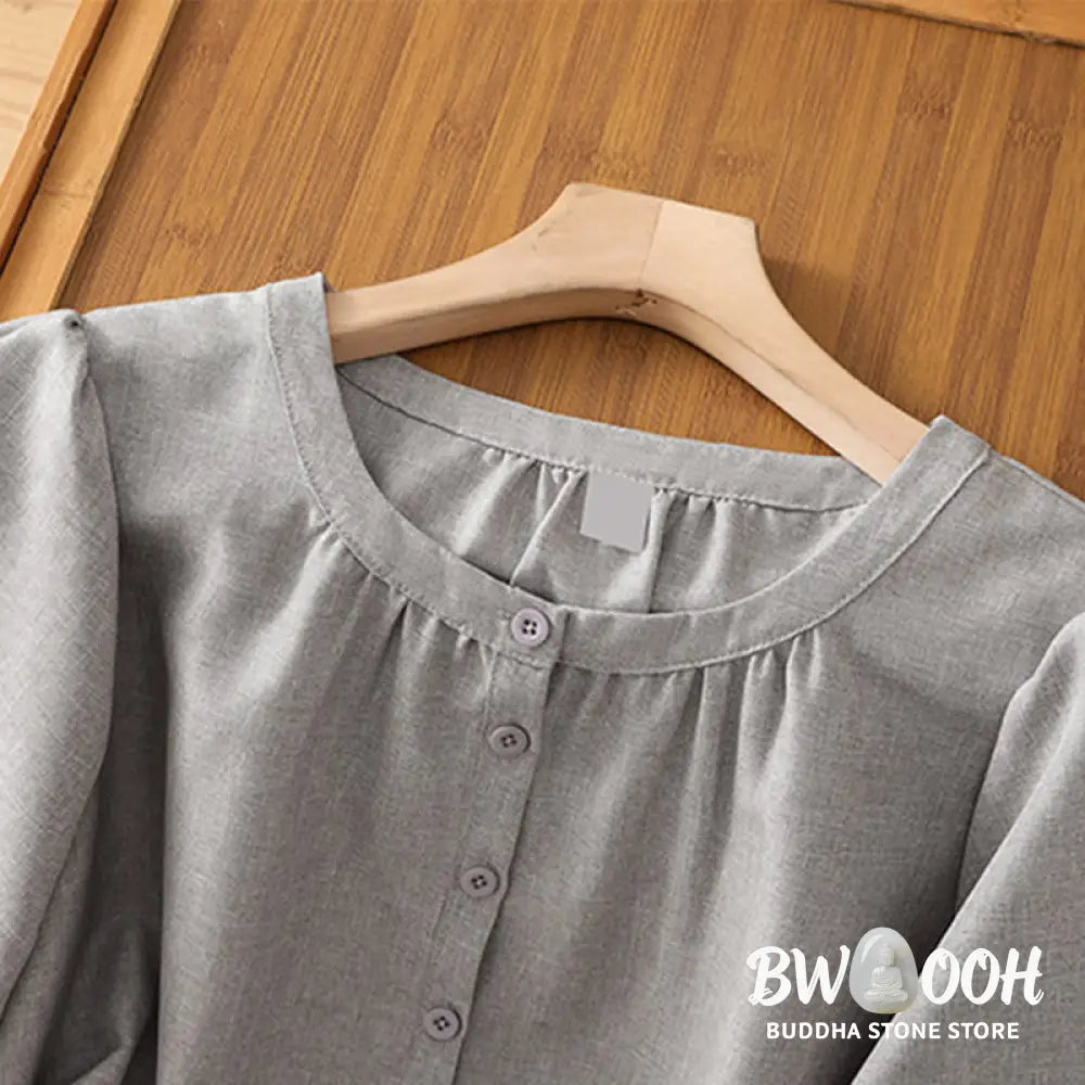 Buddha Stones Plain Button Crew Neck Design Women’s Cotton Linen Three Quarter Sleeve Shirt - Women’s Shirts
