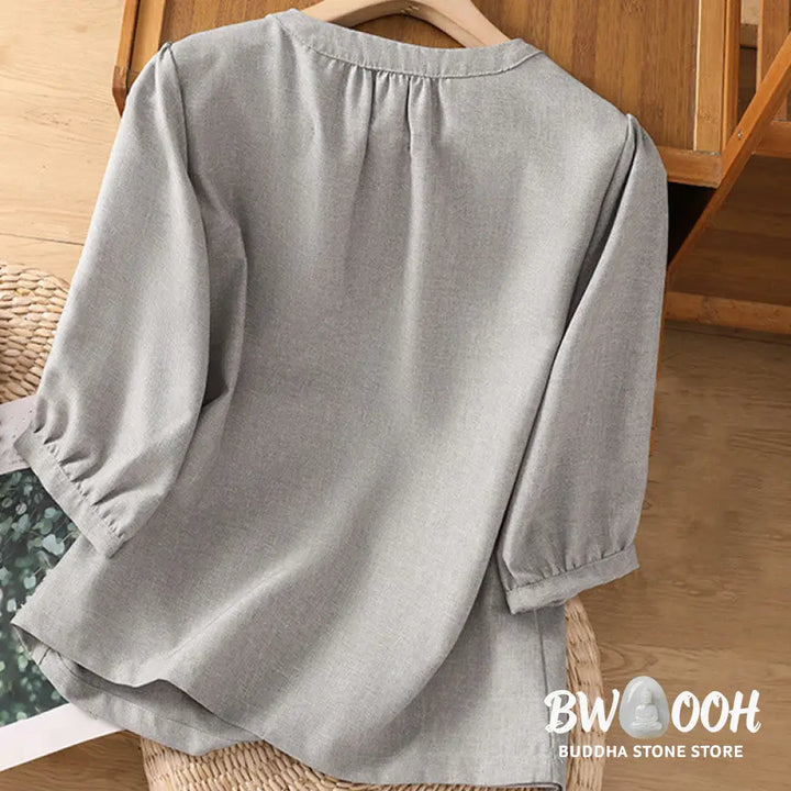 Buddha Stones Plain Button Crew Neck Design Women’s Cotton Linen Three Quarter Sleeve Shirt - Women’s Shirts