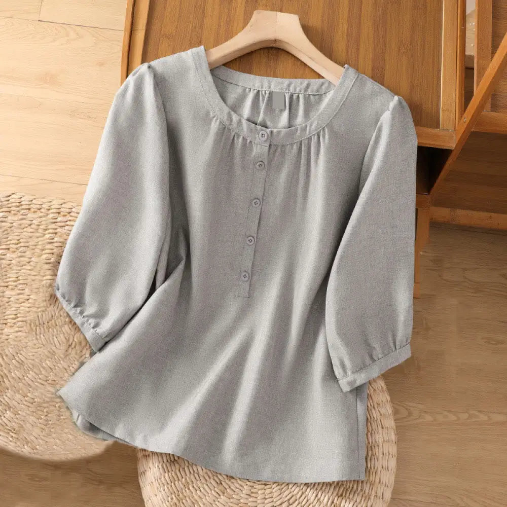 Buddha Stones Plain Button Crew Neck Design Women’s Cotton Linen Three Quarter Sleeve Shirt - SkyBlue