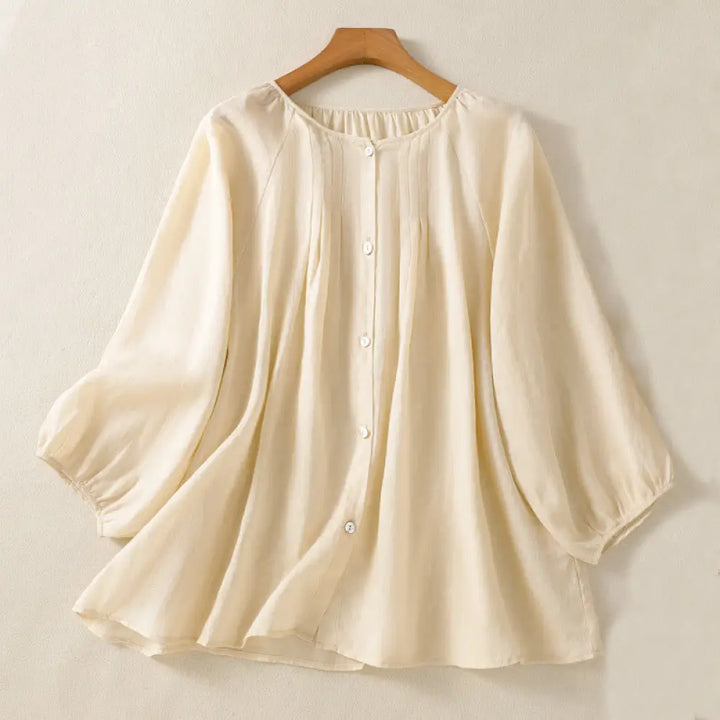 Buddha Stones Plain Button Crew Neck Three Quarter Sleeve Women’s Cotton Shirt - Beige / US6，UK/AU10，EU38 (M) - Women’s