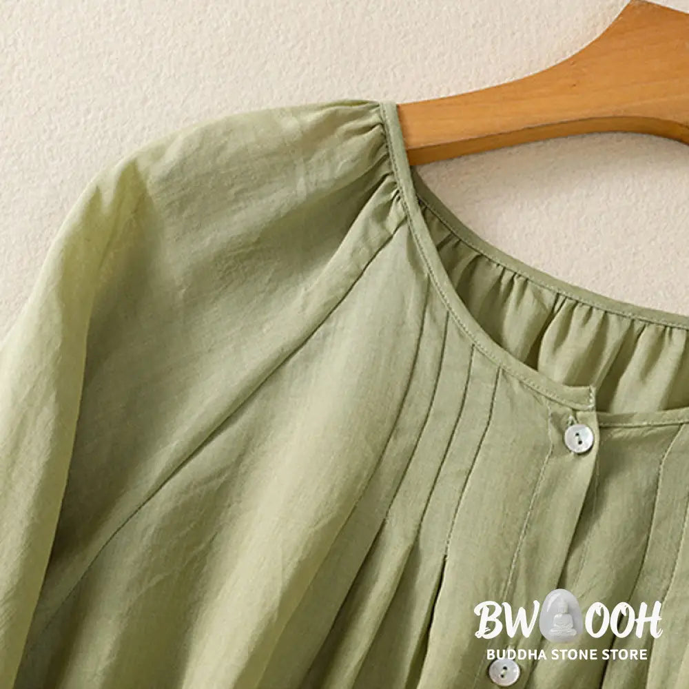Buddha Stones Plain Button Crew Neck Three Quarter Sleeve Women’s Cotton Shirt - Women’s Shirts
