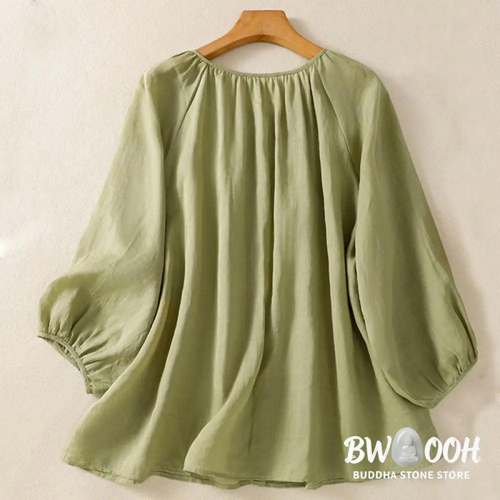 Buddha Stones Plain Button Crew Neck Three Quarter Sleeve Women’s Cotton Shirt - Women’s Shirts