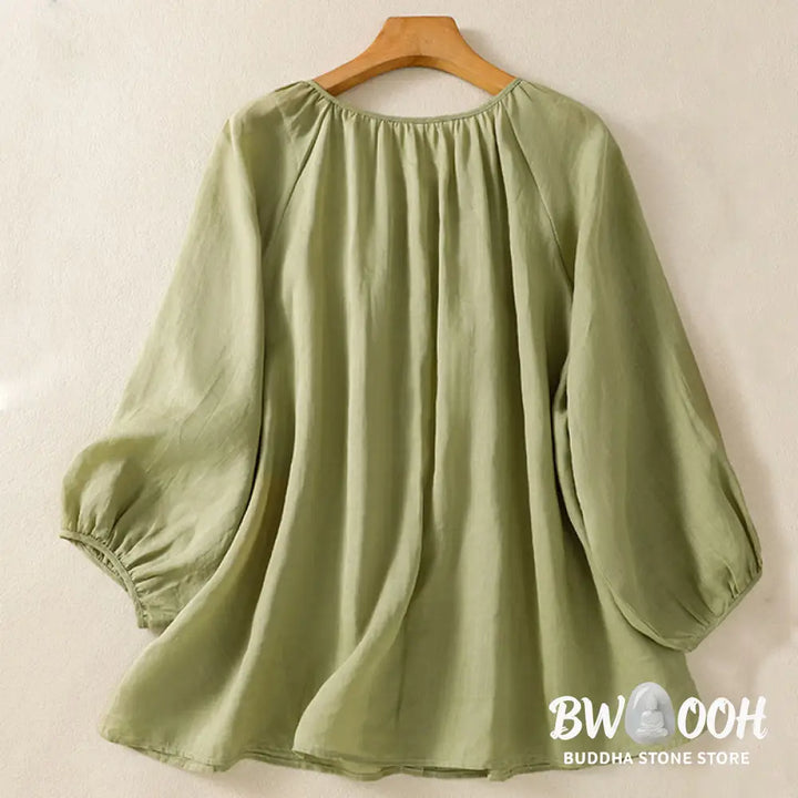 Buddha Stones Plain Button Crew Neck Three Quarter Sleeve Women’s Cotton Shirt - Women’s Shirts