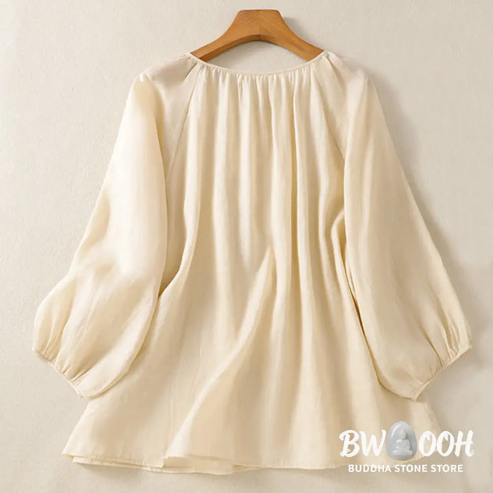 Buddha Stones Plain Button Crew Neck Three Quarter Sleeve Women’s Cotton Shirt - Women’s Shirts