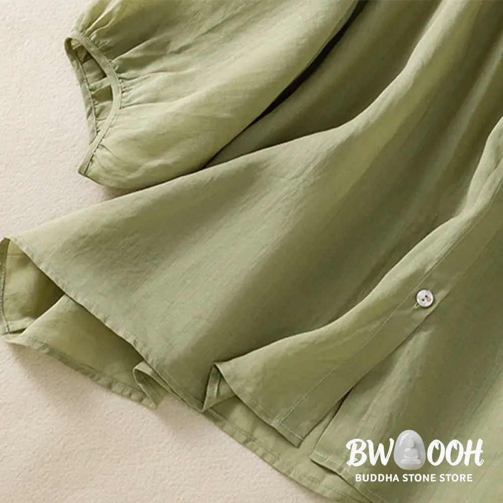 Buddha Stones Plain Button Crew Neck Three Quarter Sleeve Women’s Cotton Shirt - Women’s Shirts