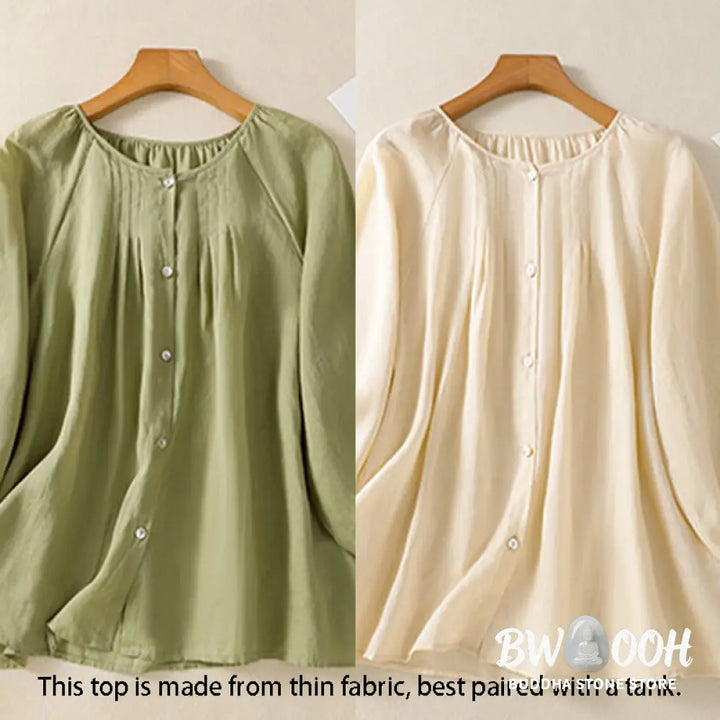 Buddha Stones Plain Button Crew Neck Three Quarter Sleeve Women’s Cotton Shirt - Women’s Shirts