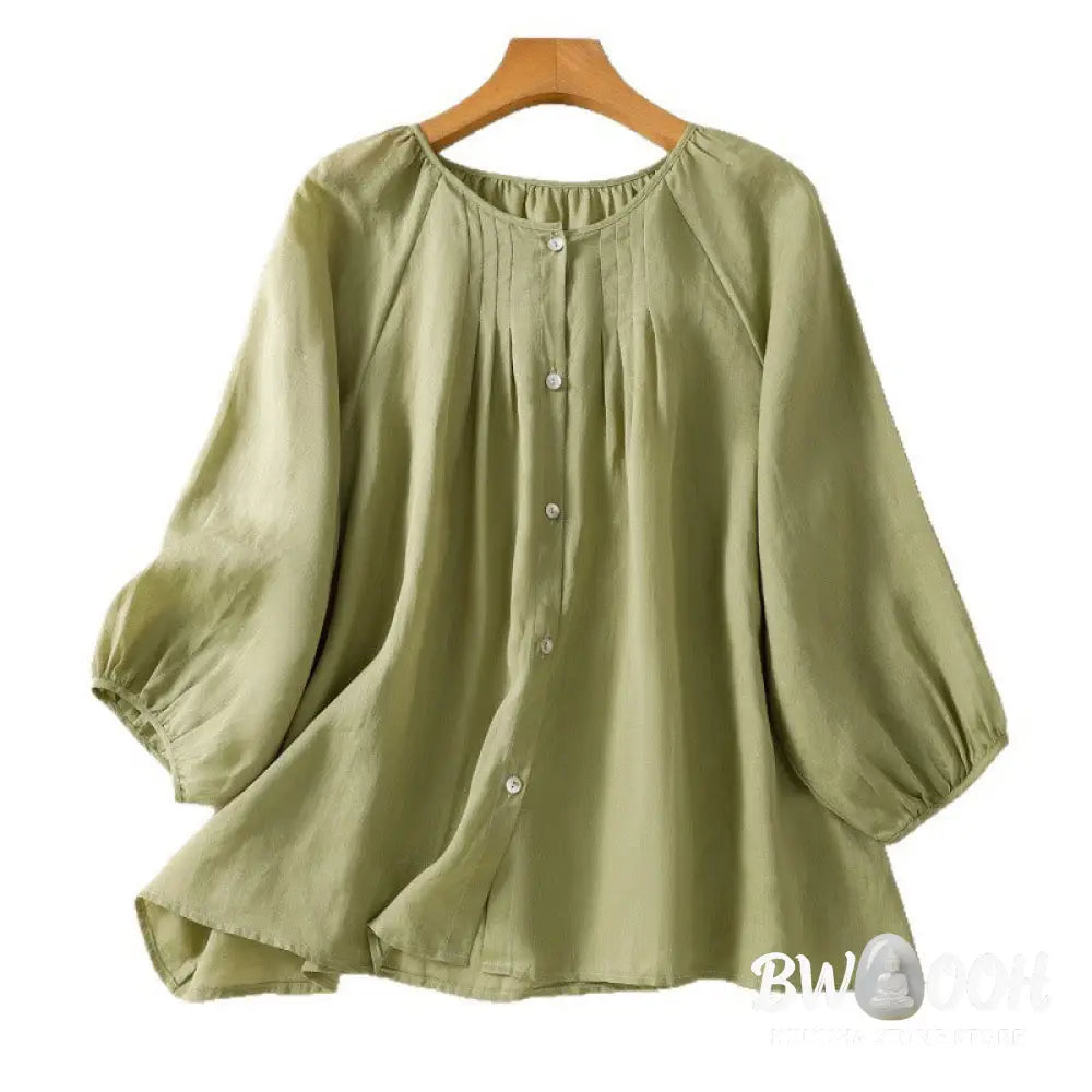 Buddha Stones Plain Button Crew Neck Three Quarter Sleeve Women’s Cotton Shirt - Women’s Shirts