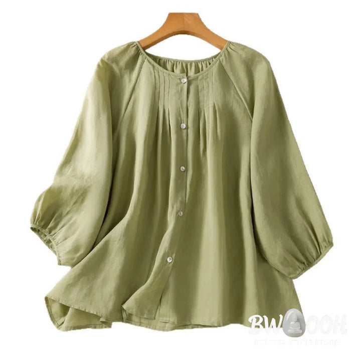 Buddha Stones Plain Button Crew Neck Three Quarter Sleeve Women’s Cotton Shirt - Women’s Shirts