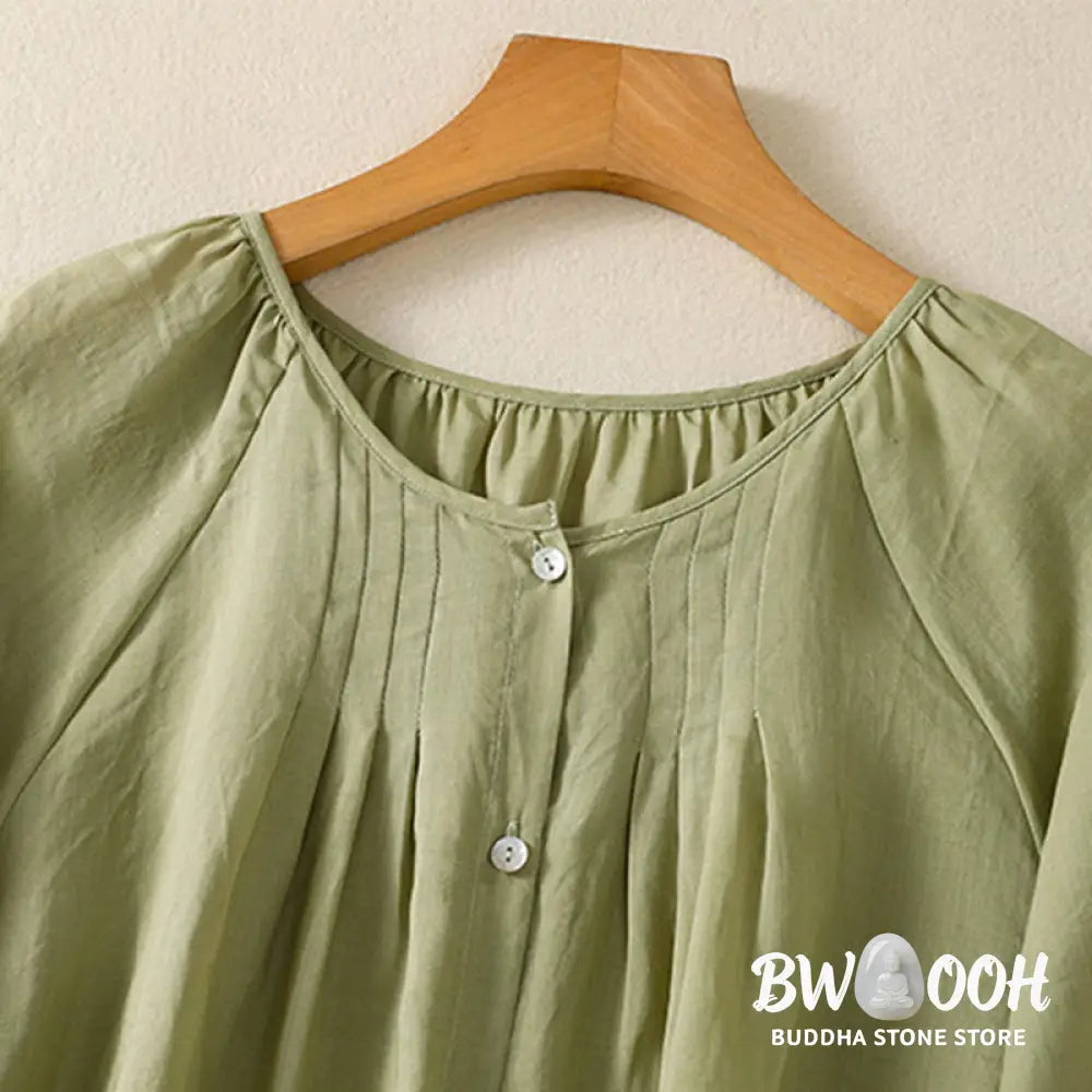 Buddha Stones Plain Button Crew Neck Three Quarter Sleeve Women’s Cotton Shirt - Women’s Shirts