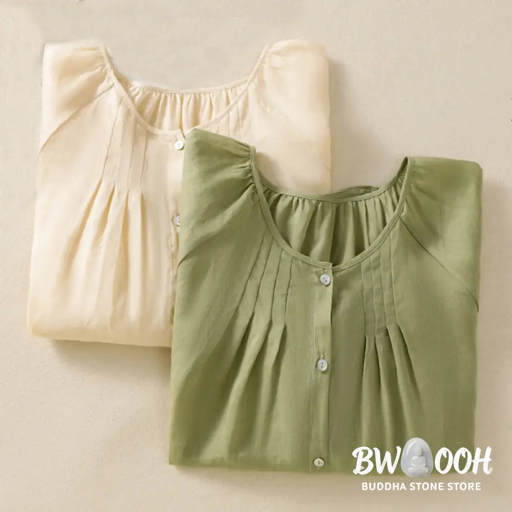 Buddha Stones Plain Button Crew Neck Three Quarter Sleeve Women’s Cotton Shirt - Women’s Shirts