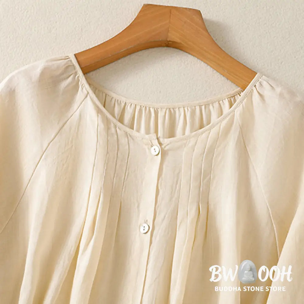 Buddha Stones Plain Button Crew Neck Three Quarter Sleeve Women’s Cotton Shirt - Women’s Shirts