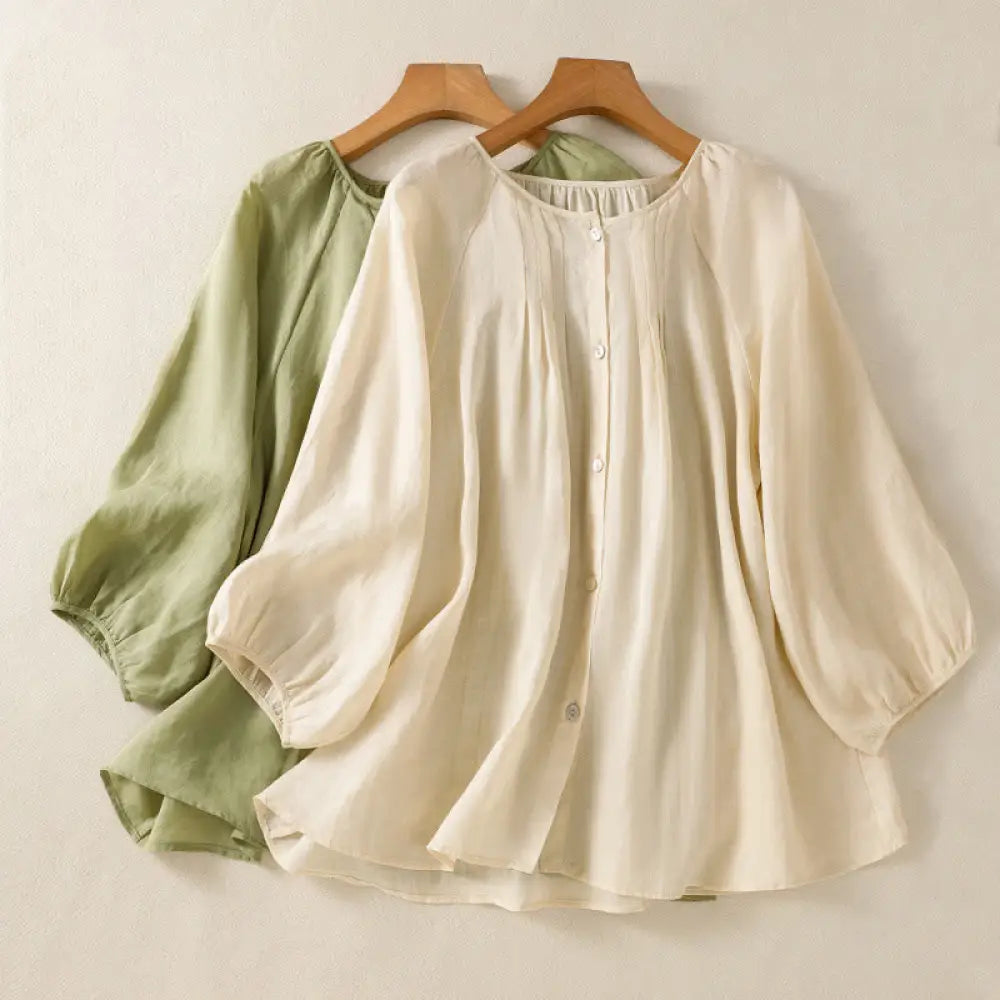 BWOOOH Plain Button Crew Neck Three Quarter Sleeve Women&