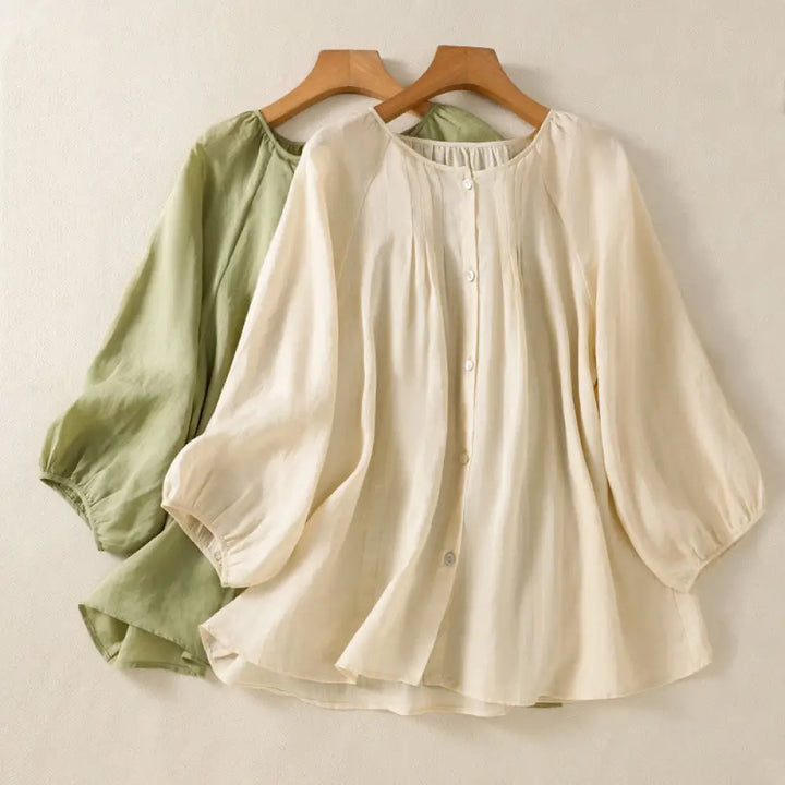 BWOOOH Plain Button Crew Neck Three Quarter Sleeve Women&