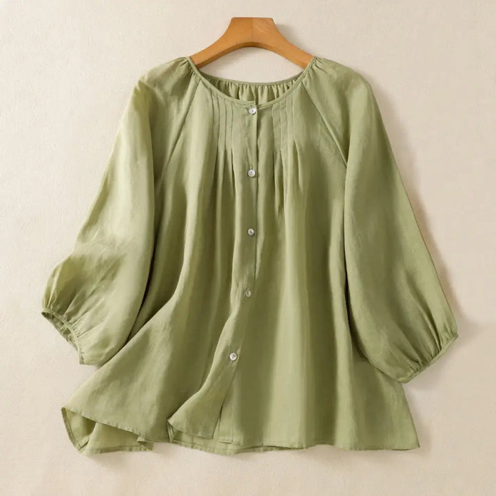 Buddha Stones Plain Button Crew Neck Three Quarter Sleeve Women’s Cotton Shirt - YellowGreen / US6，UK/AU10，EU38 (M)