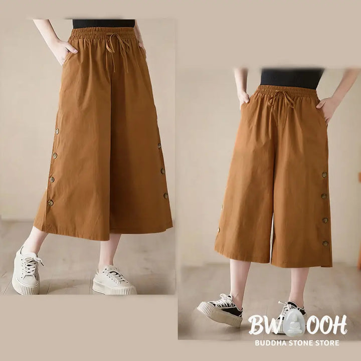 Buddha Stones Plain Buttoned Side Design Capri Cropped Women&