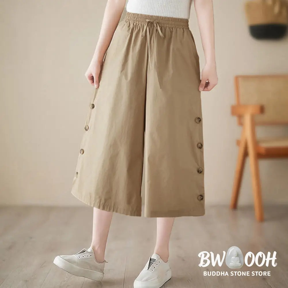 Buddha Stones Plain Buttoned Side Design Capri Cropped Women&