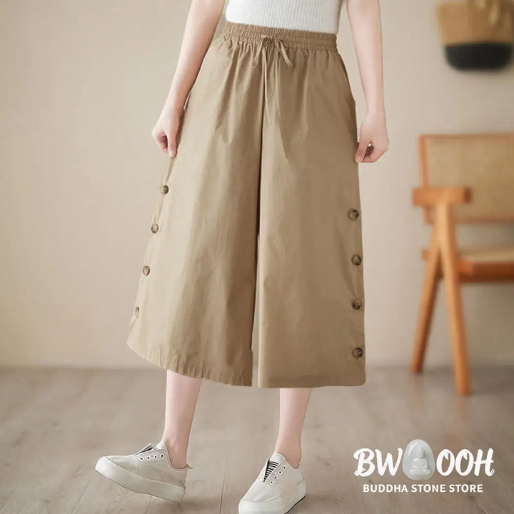 Buddha Stones Plain Buttoned Side Design Capri Cropped Women&