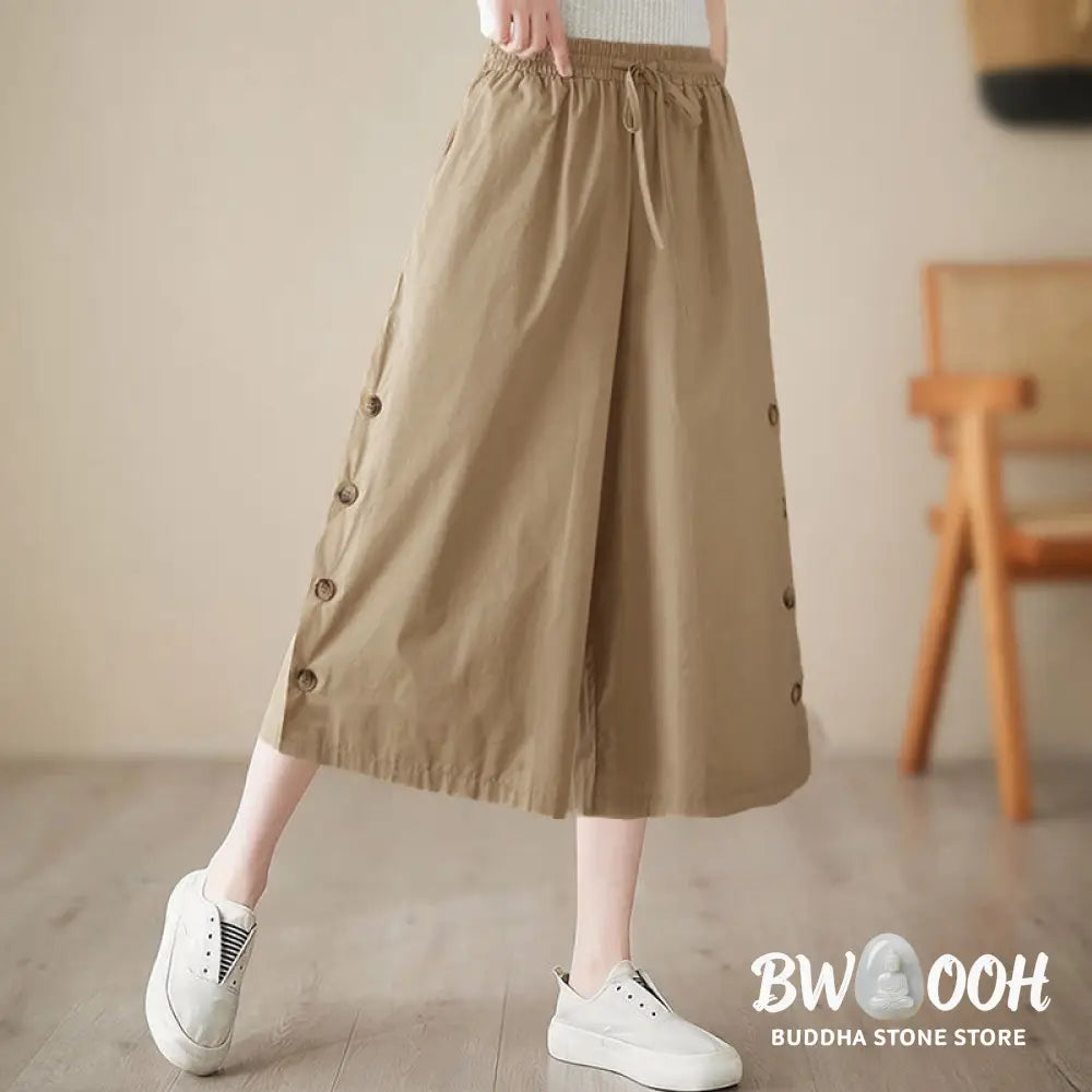 Buddha Stones Plain Buttoned Side Design Capri Cropped Women&