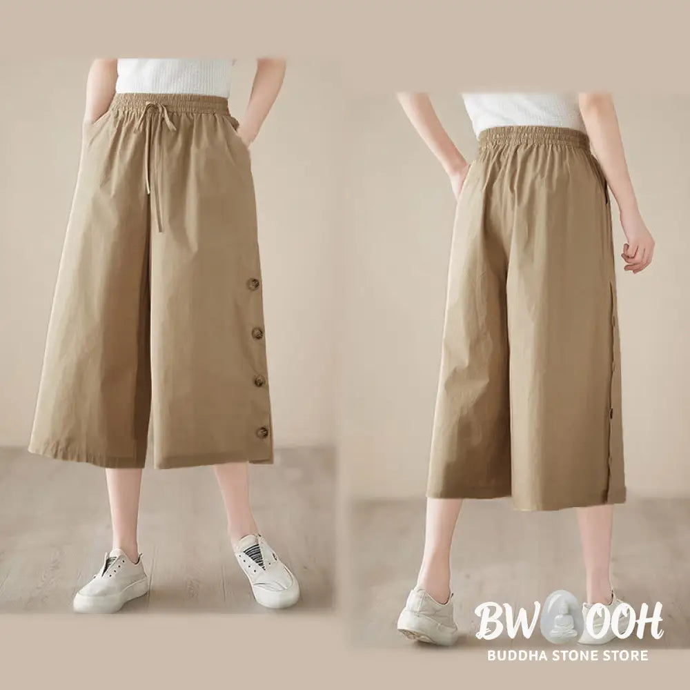 Buddha Stones Plain Buttoned Side Design Capri Cropped Women&