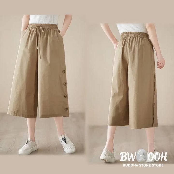 Buddha Stones Plain Buttoned Side Design Capri Cropped Women&
