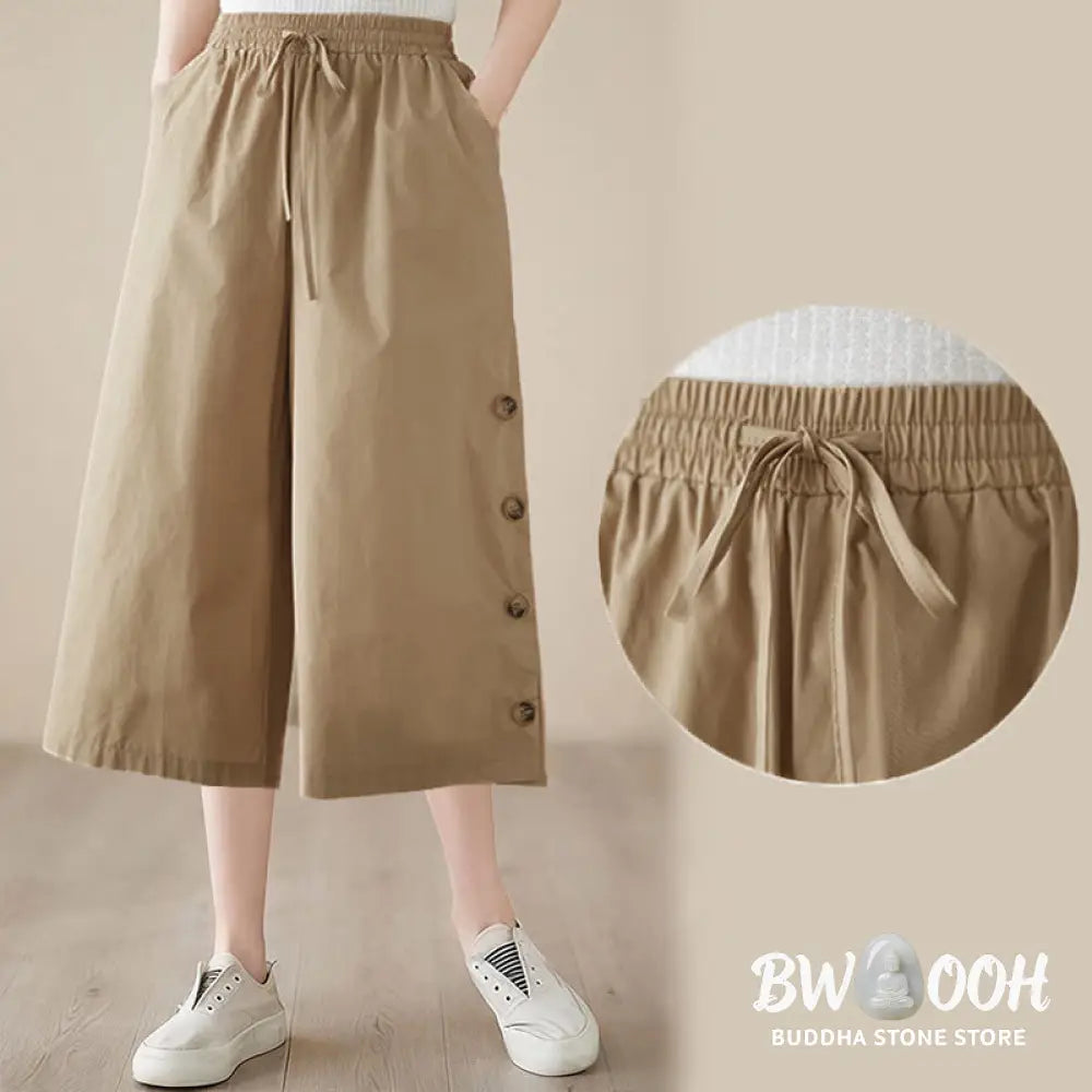Buddha Stones Plain Buttoned Side Design Capri Cropped Women&