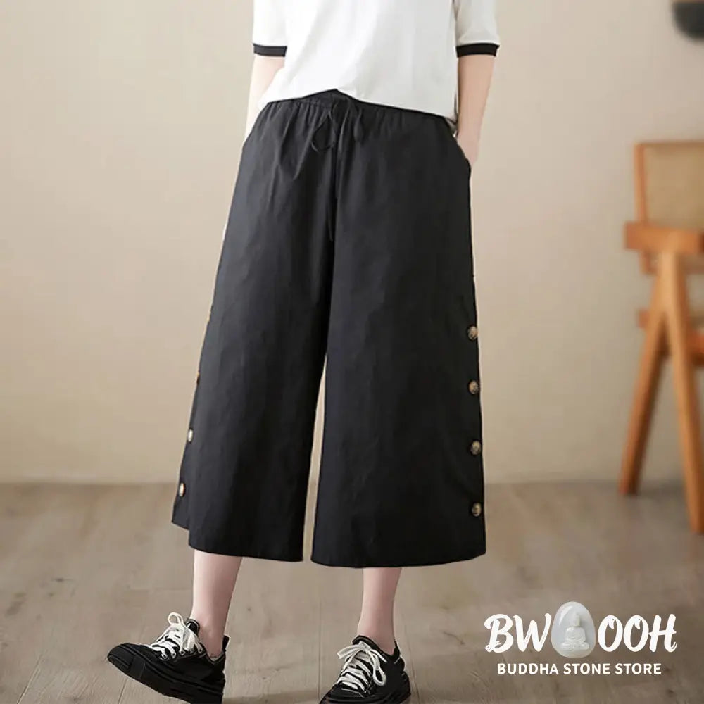 Buddha Stones Plain Buttoned Side Design Capri Cropped Women&
