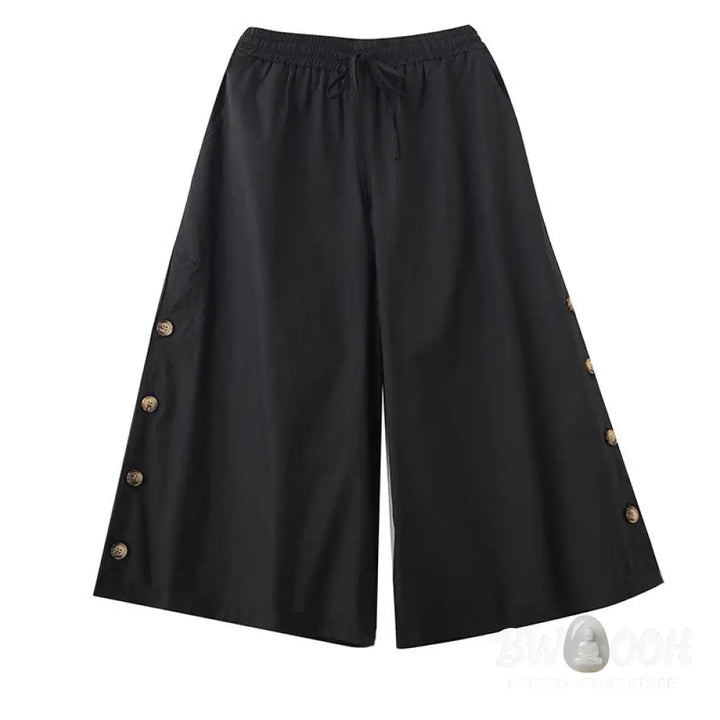 Buddha Stones Plain Buttoned Side Design Capri Cropped Women&