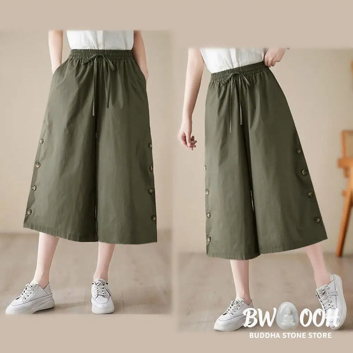 Buddha Stones Plain Buttoned Side Design Capri Cropped Women&