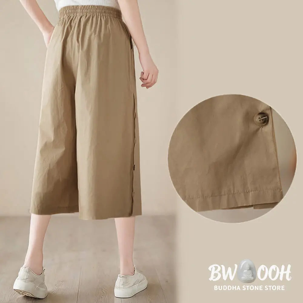 Buddha Stones Plain Buttoned Side Design Capri Cropped Women&