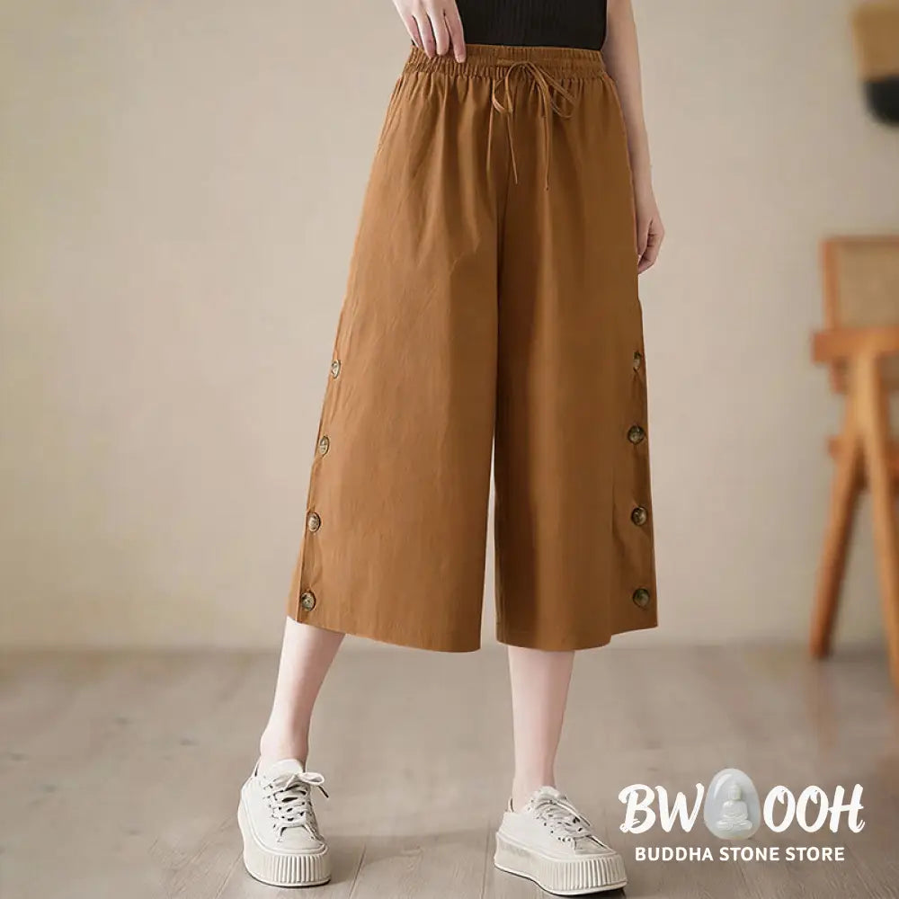Buddha Stones Plain Buttoned Side Design Capri Cropped Women&