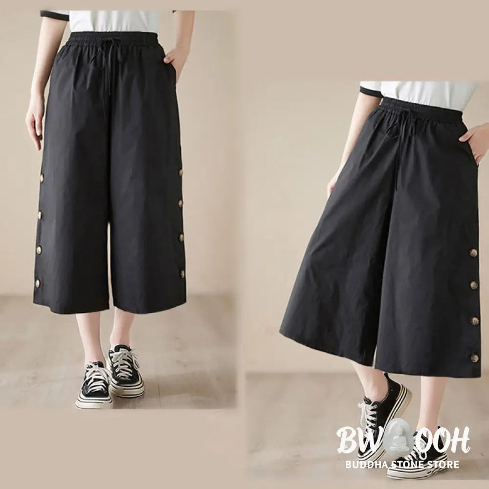 Buddha Stones Plain Buttoned Side Design Capri Cropped Women&