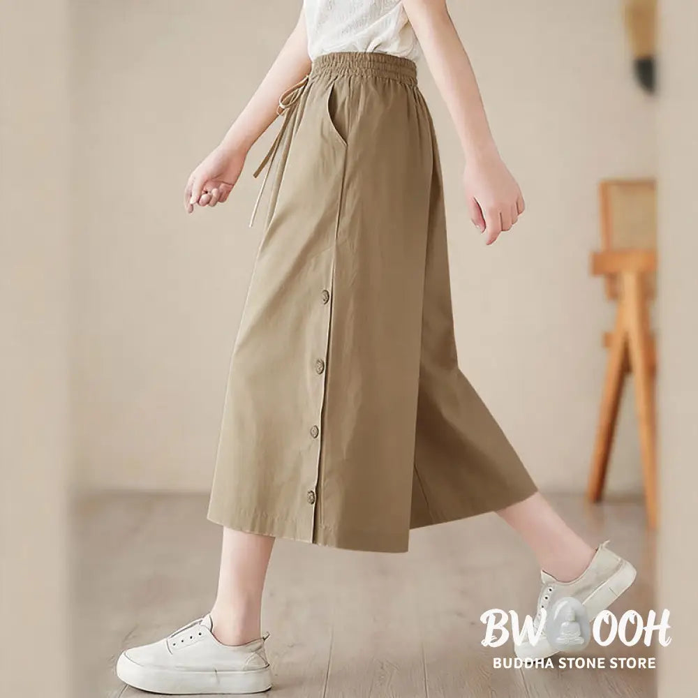Buddha Stones Plain Buttoned Side Design Capri Cropped Women&