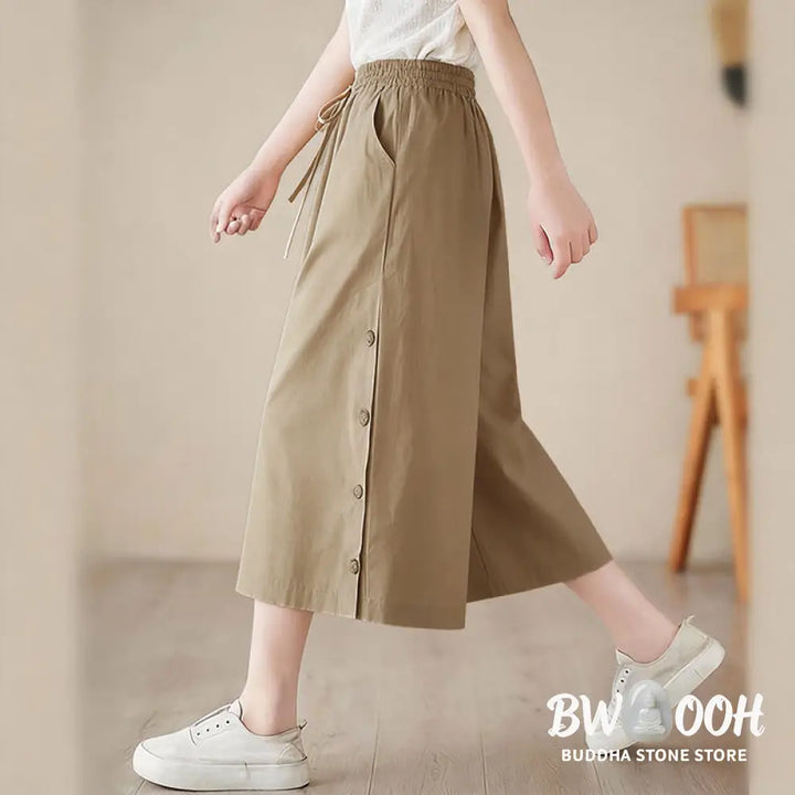 Buddha Stones Plain Buttoned Side Design Capri Cropped Women&