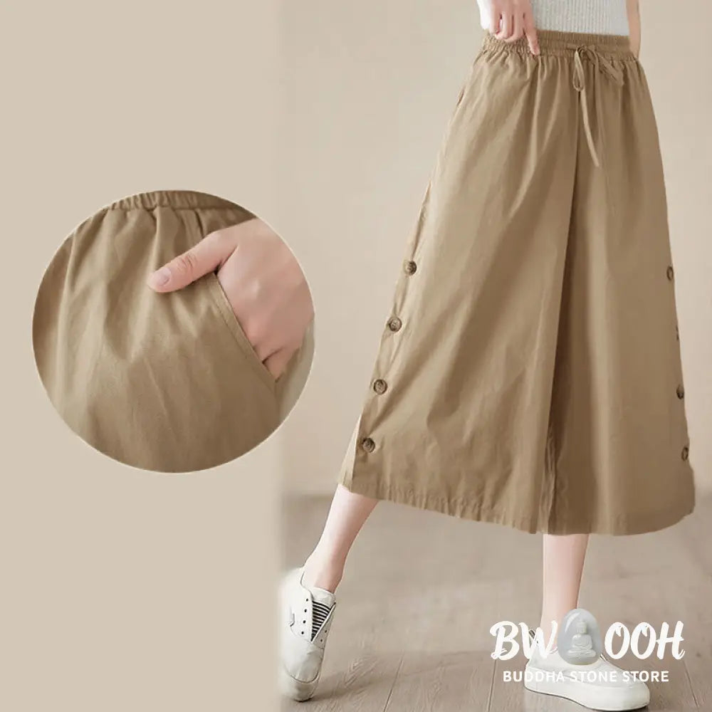 Buddha Stones Plain Buttoned Side Design Capri Cropped Women&