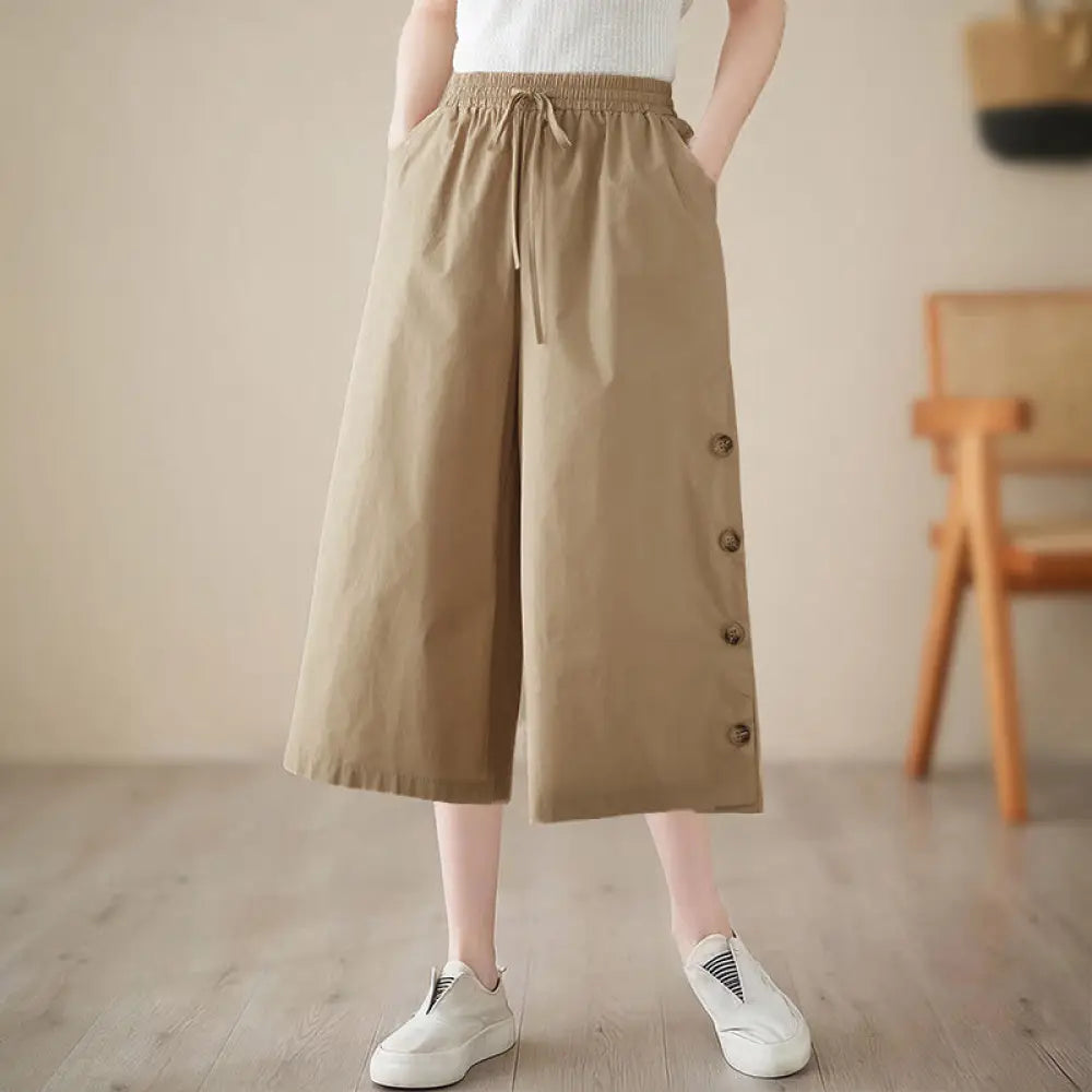 Buddha Stones Plain Buttoned Side Design Capri Cropped Women&