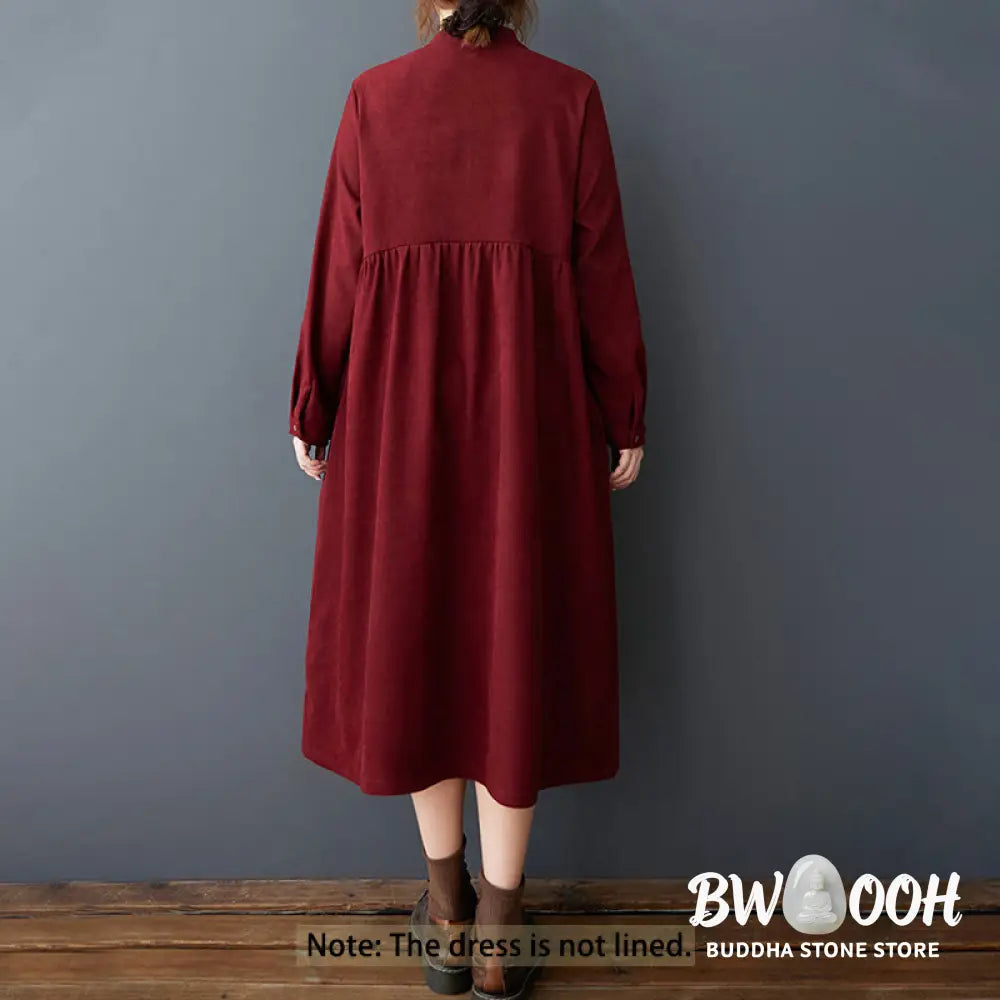 Buddha Stones Plain Buttons Design Thermal Cotton Linen Long Sleeve Midi Dress With Pockets - Midi Dress