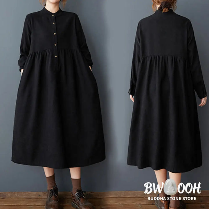 Buddha Stones Plain Buttons Design Thermal Cotton Linen Long Sleeve Midi Dress With Pockets - Midi Dress