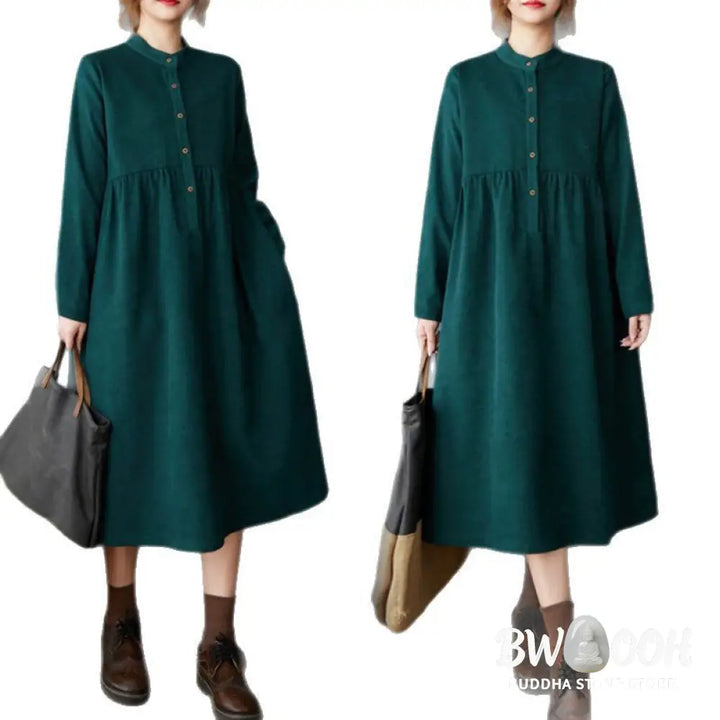 Buddha Stones Plain Buttons Design Thermal Cotton Linen Long Sleeve Midi Dress With Pockets - Midi Dress