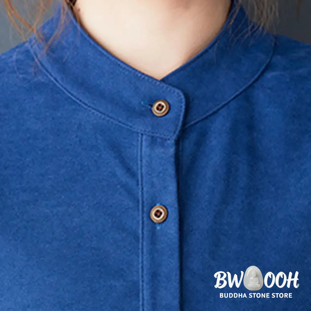 Buddha Stones Plain Buttons Design Thermal Cotton Linen Long Sleeve Midi Dress With Pockets - Midi Dress