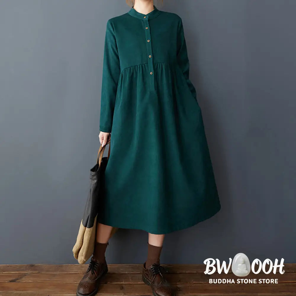 Buddha Stones Plain Buttons Design Thermal Cotton Linen Long Sleeve Midi Dress With Pockets - Midi Dress